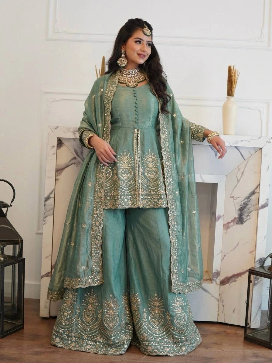 Sage Green Mirror Work Palazzo Suit model shot 7 – Kalyanja KU304
